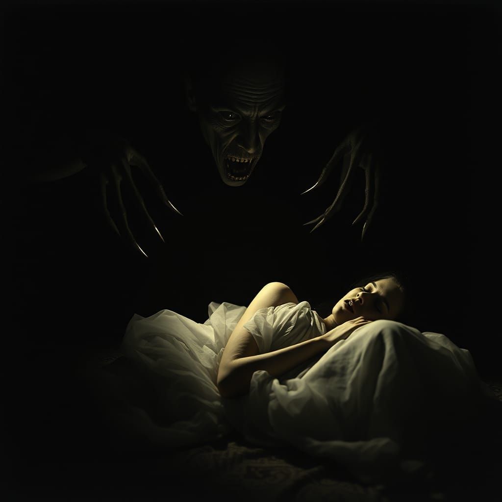 Nosferatu Vampire Looms Over Sleeping Woman