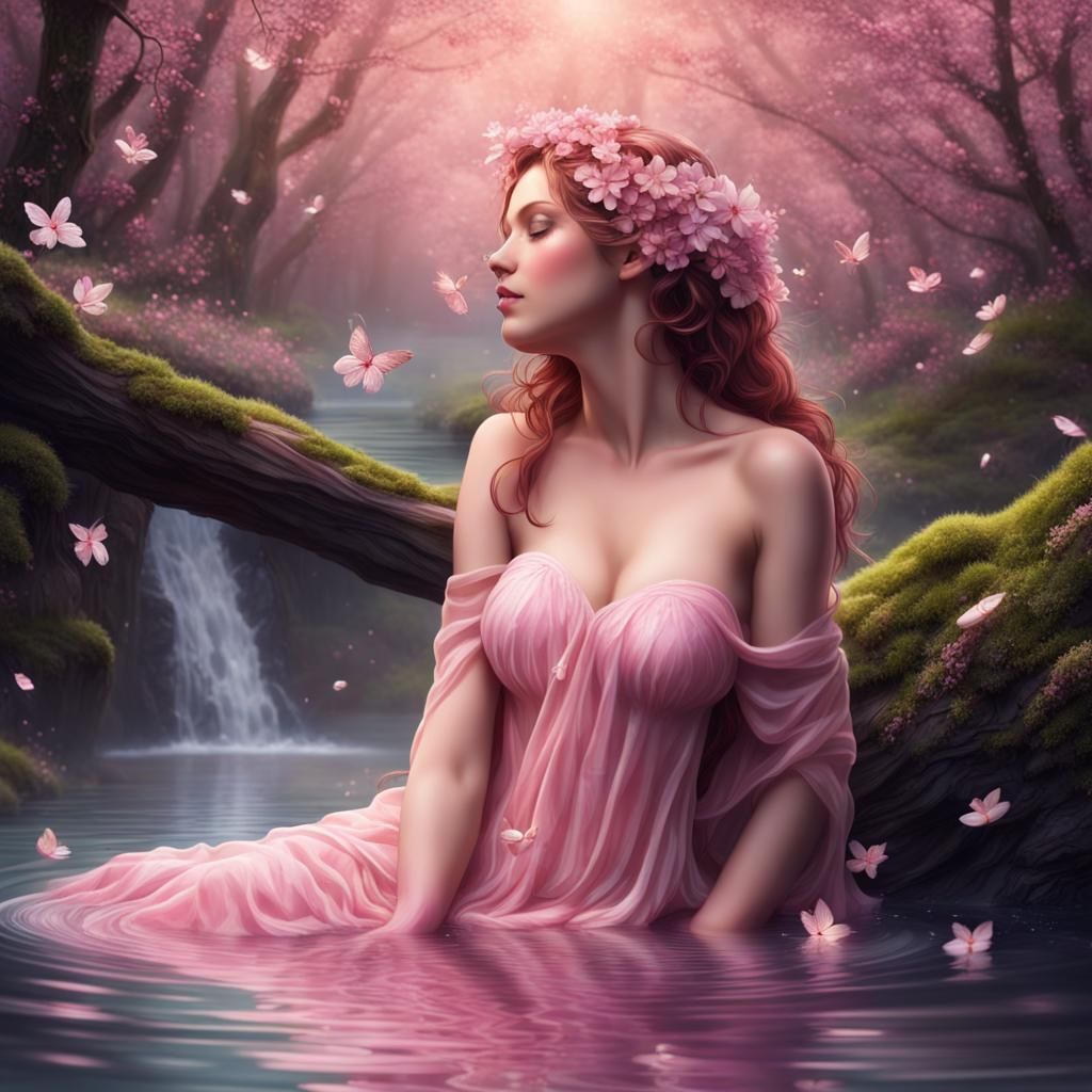 Romantic Nymph Bathing in Forest Glade