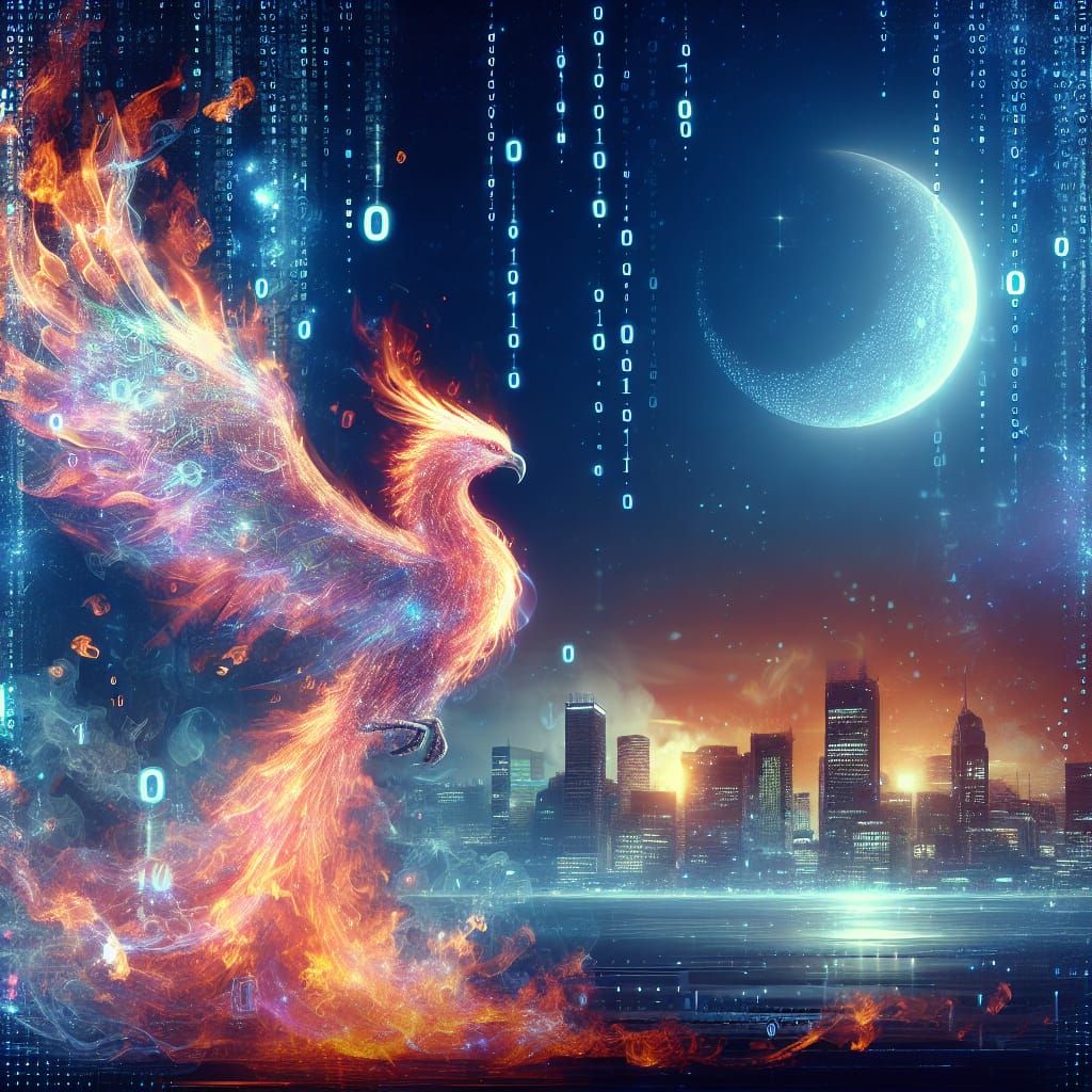 Holographic Phoenix Rising in Cyberpunk Cityscape