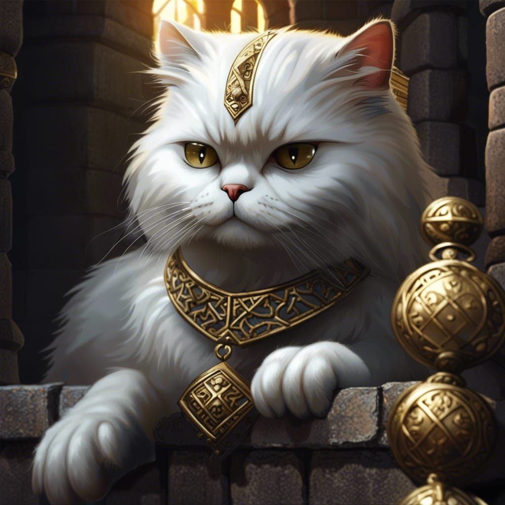 White Persian cat, wearing gold collar