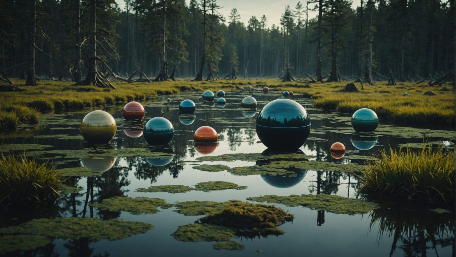 Planetary Orbs Float Above Misty Swamp: Cinematic Still