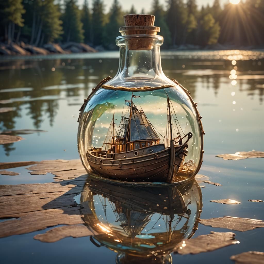 Whimsical Boat in Bottle Drifting Along Shores