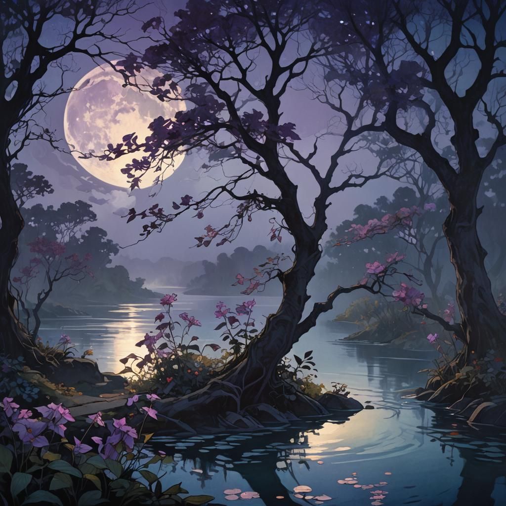 Moonlit Fantasy Lake with Nightshade Flowers