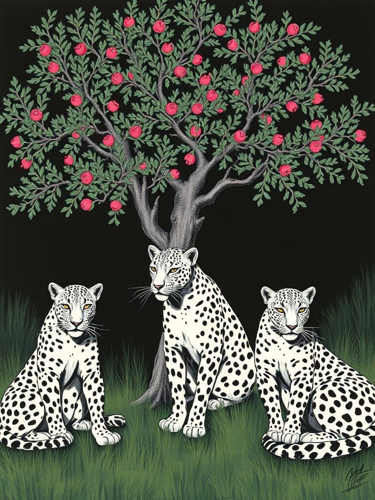 Three Majestic White Leopards in an Impressive Juniper-Tree ...