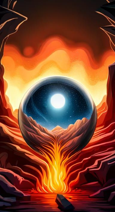 Obsidian Orb Above Bonfire in Dark Cave