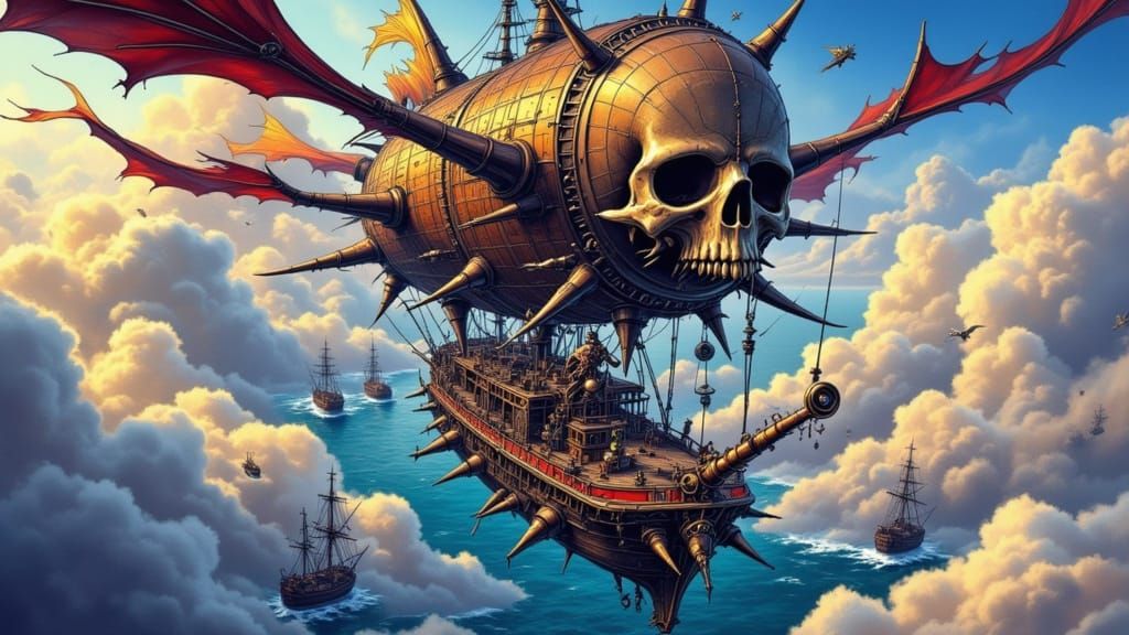 Steampunk Pirate Airship with Skull Design