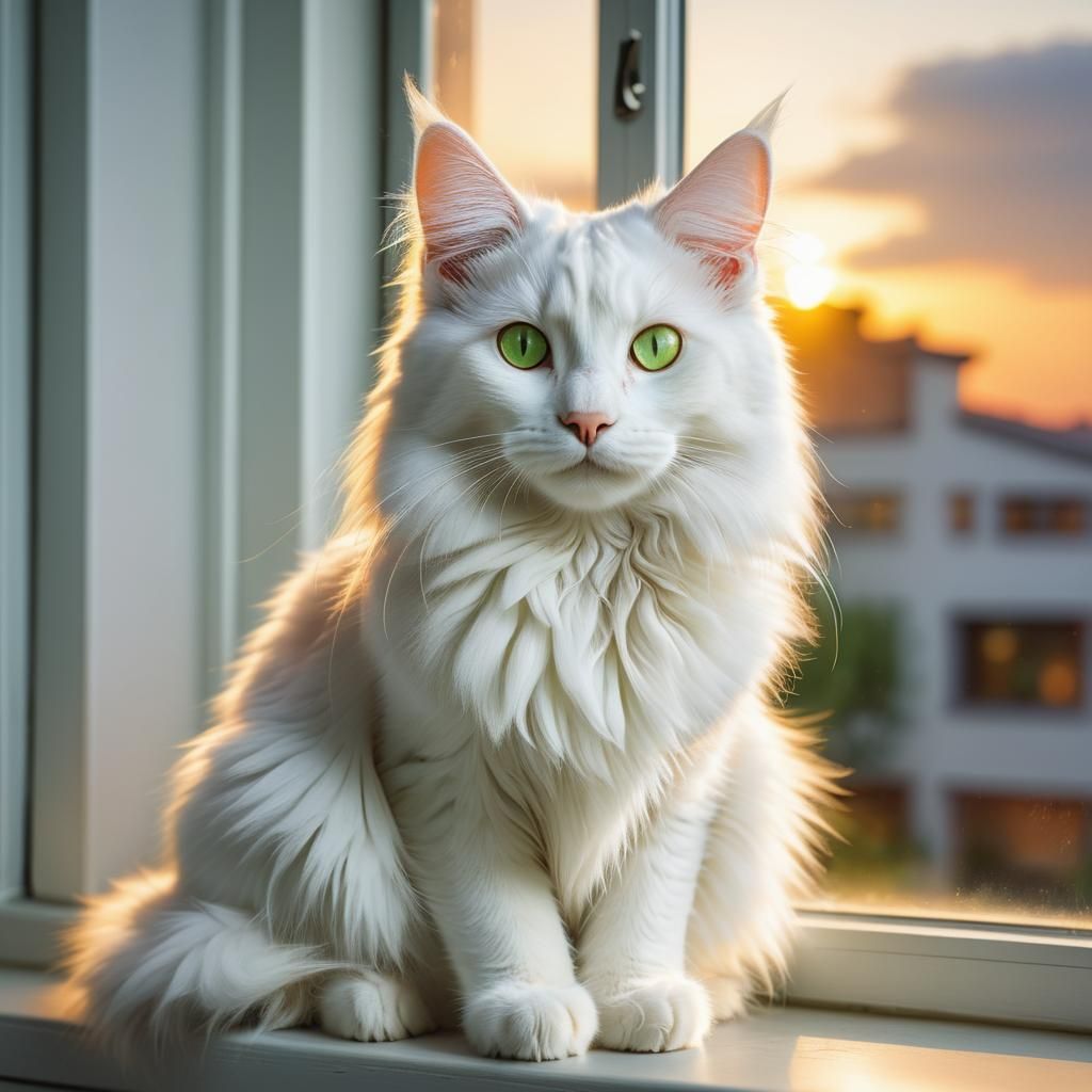 Turkish Angora Cat Portrait at Sunset