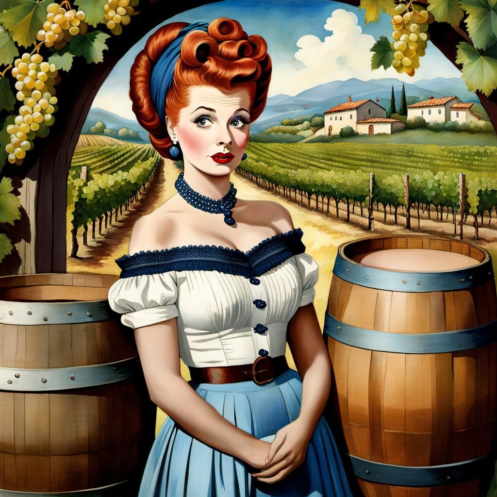 Lucille Ball Stomping Grapes in Italy, Watercolor Style