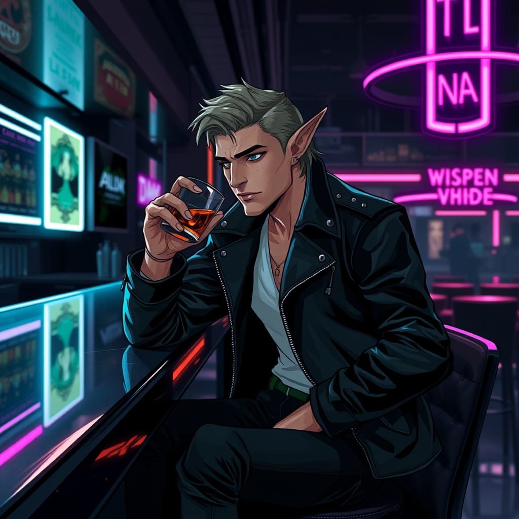 Elven Assassin in a Modern Bar, Digital Art
