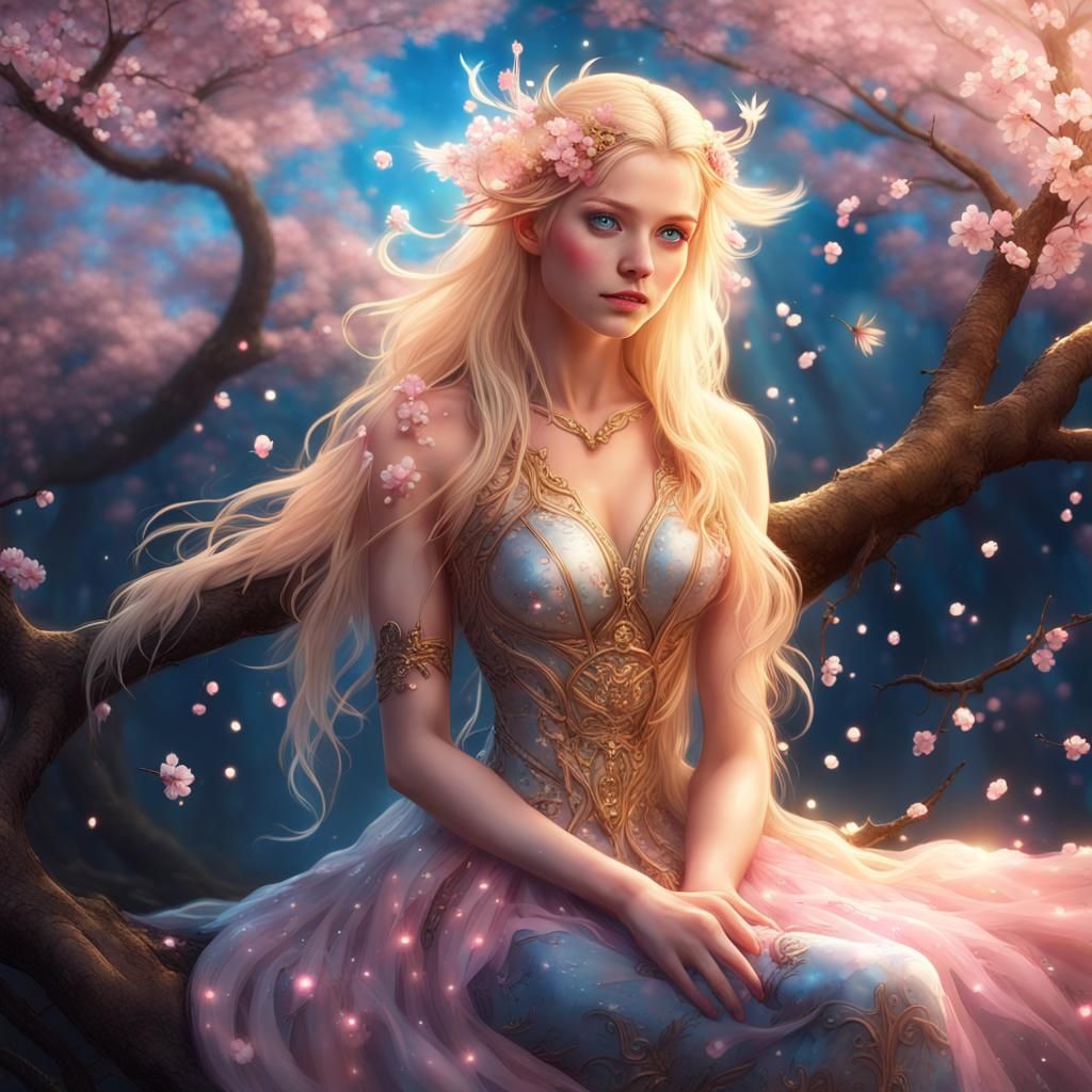 Glowing Fairy Portrait in Cherry Blossom Tree