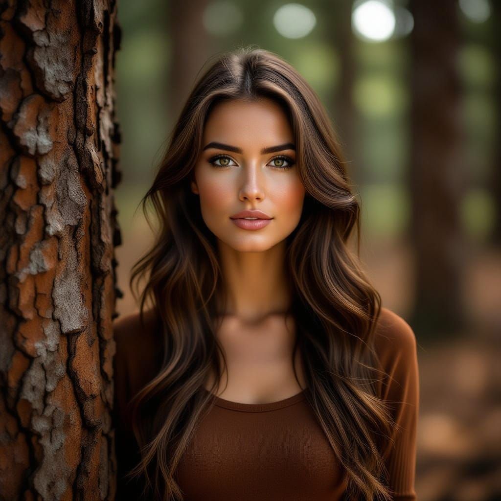 Woman in Brown Forest, Photorealistic Style