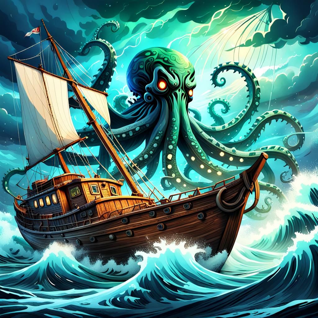 Kraken Attacks Sailboat in Vibrant Anime Style