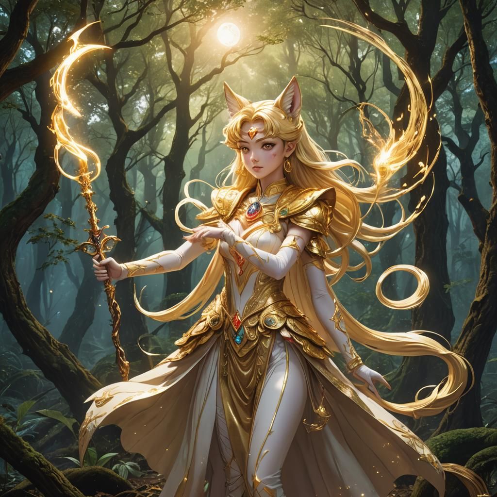 Sorceress Casting Spell in Mystic Forest, Digital Art