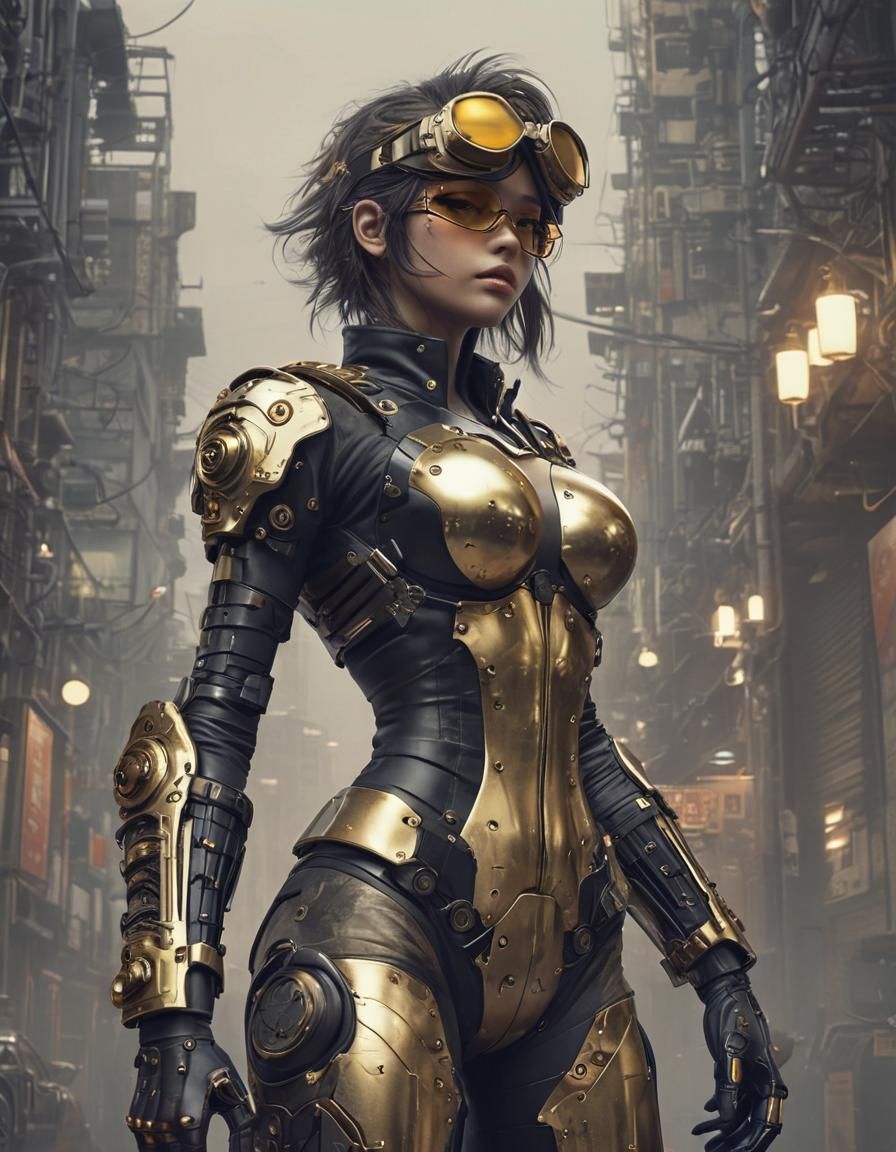 Cyborg Woman in Dystopian Cityscape, Manga Style