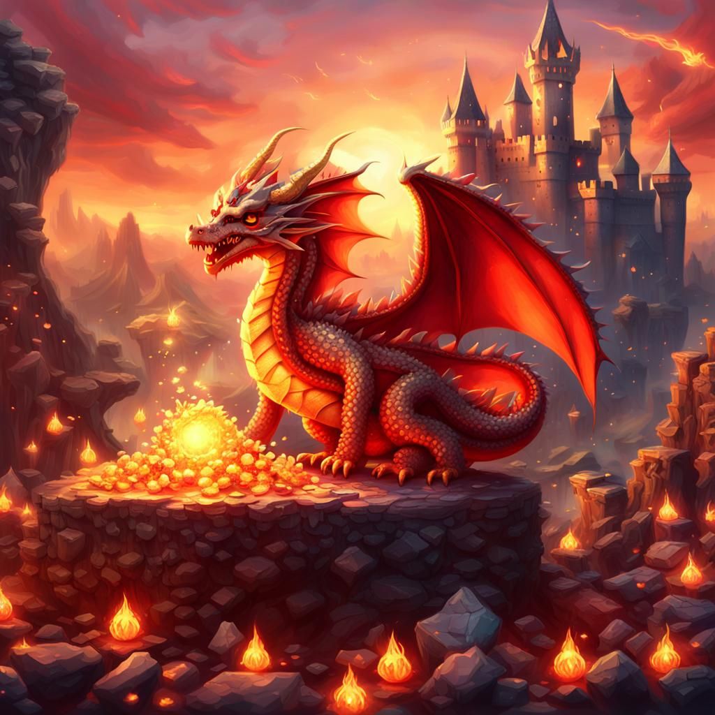 dragon with scales of gems, fiery breath, strong wings