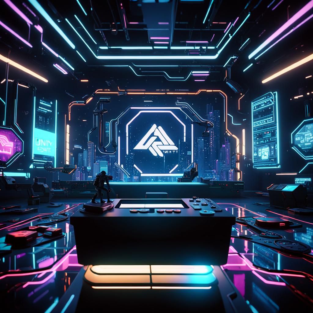 Unity Logo on Futuristic Console in VR Lab