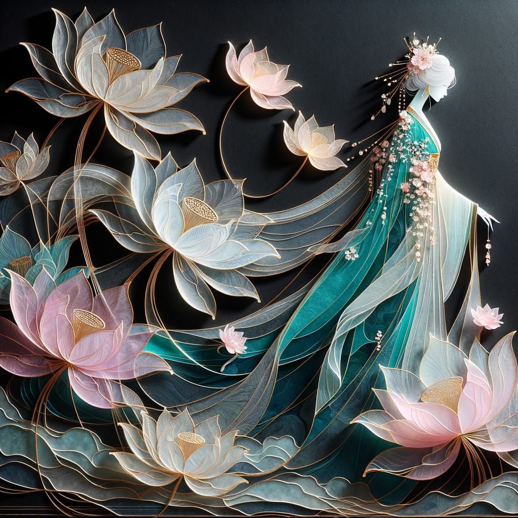 Ethereal Bride with Lotus Blossoms in Rice Paper Art