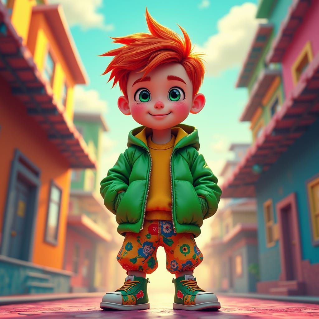 Vibrant Boy in Bright Green Jacket and Pop Art Pants