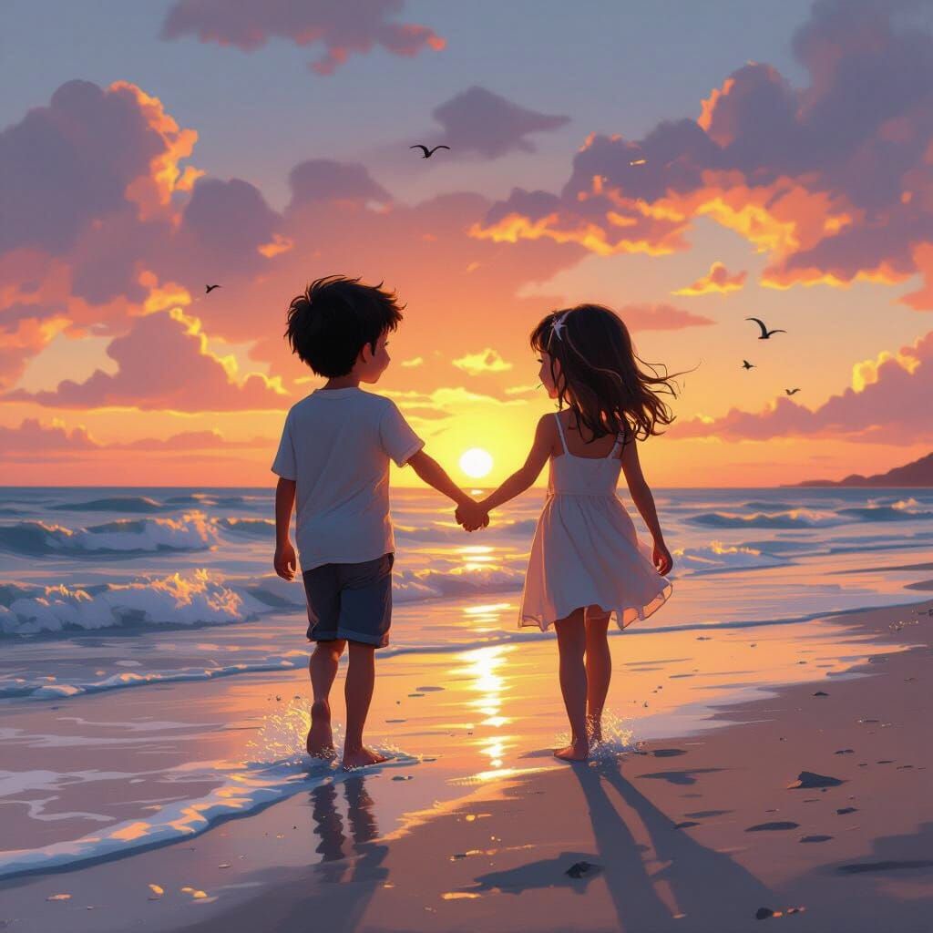 Children at Sunset Seashore in Pixar Animation Style