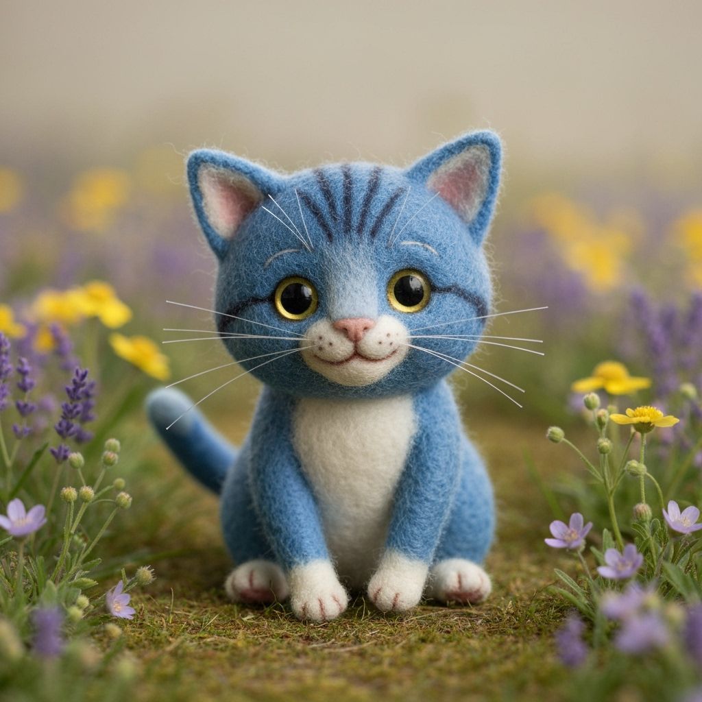 Felted Blue Cat in Whimsical Storybook Style