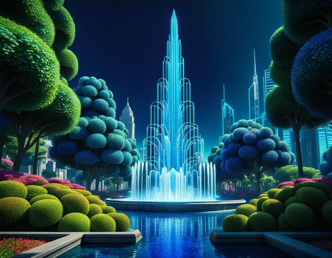 Retro Sci-Fi Crystal City with Fountains in Pointillism