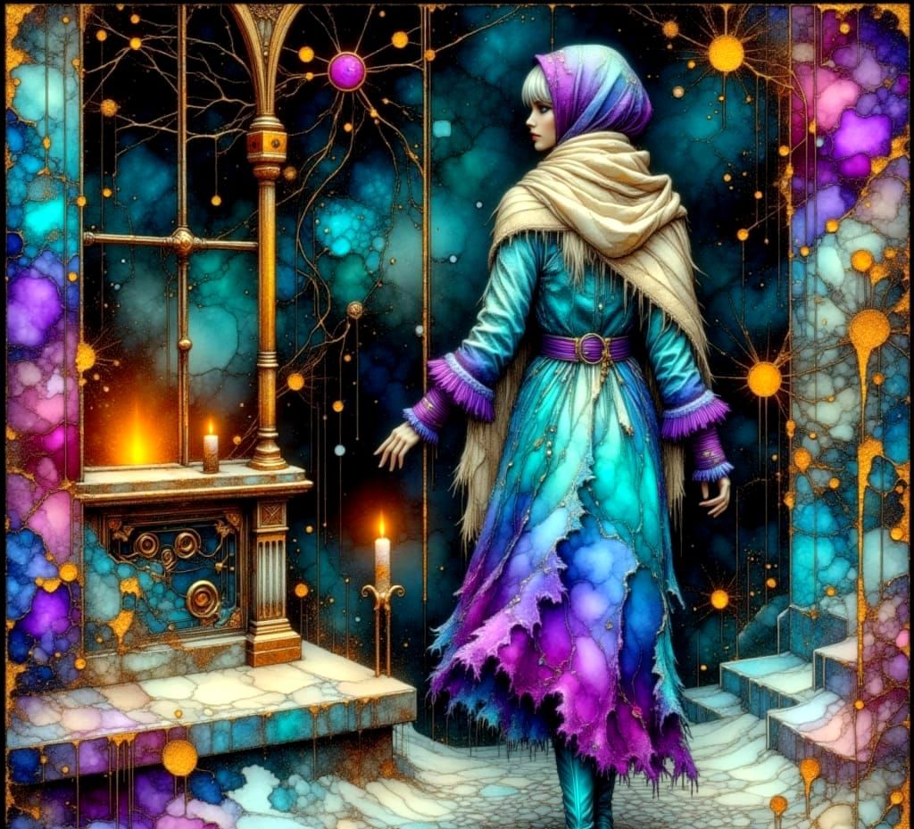 Surreal Landscape with Celestial Figure in Neon Grunge Style