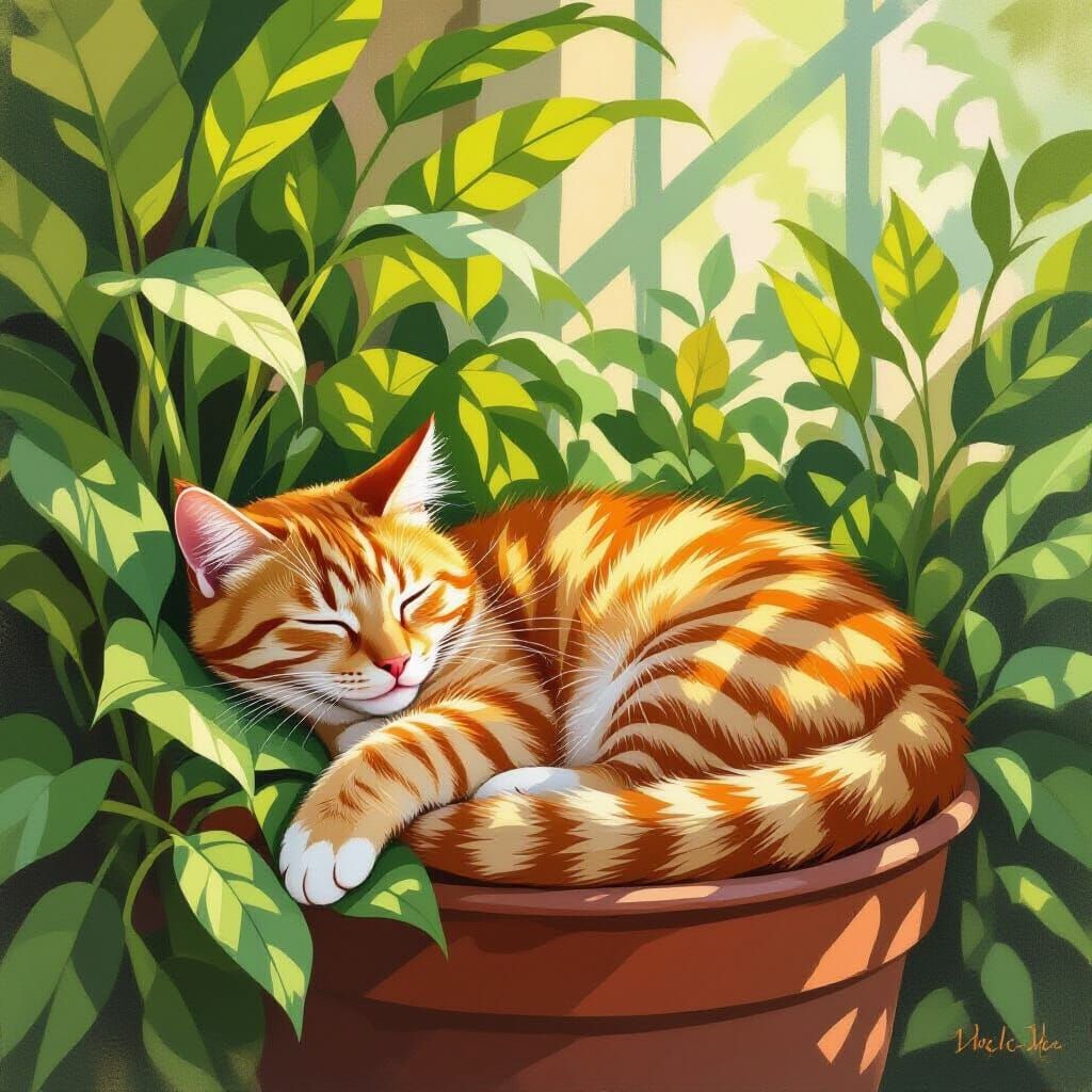Ginger Cat Sleeps in Sunlit Pot Plant