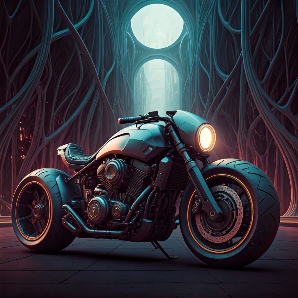 Futuristic Neon Steampunk Motorcycle in Organic City