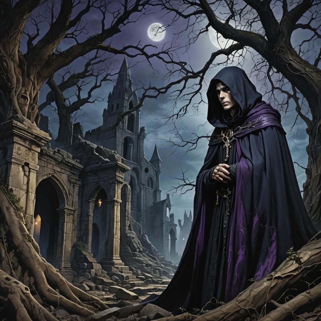 Mysterious Figure in Gothic Ruins