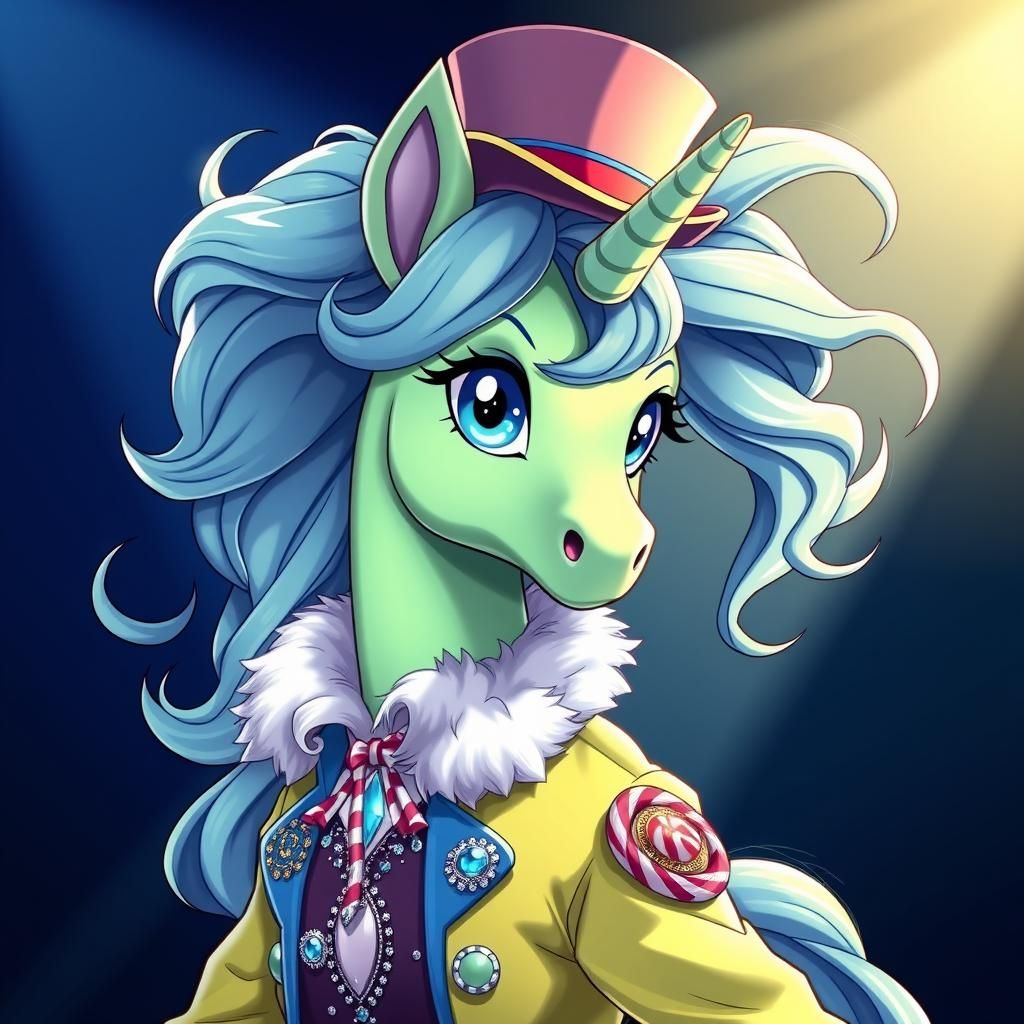 This pony is male with sea blue eyes, a chartreuse coat, and a wavy pastel blue mane. His symbol is a candy cane. He t...