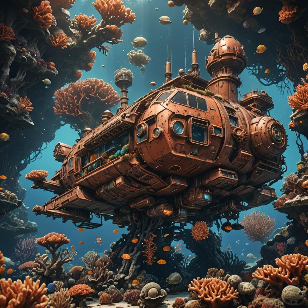 Coral-Covered Spaceship in Deep Sea Matte Painting