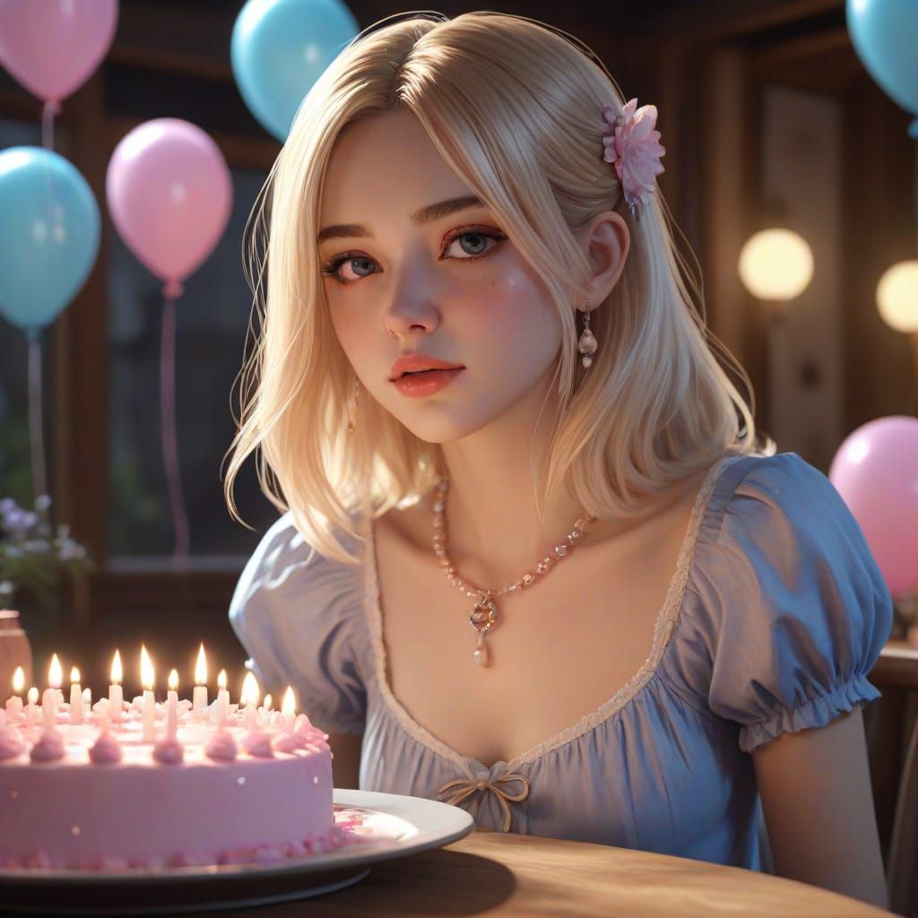 Anime Woman with Cake in Soft Pastel Colors