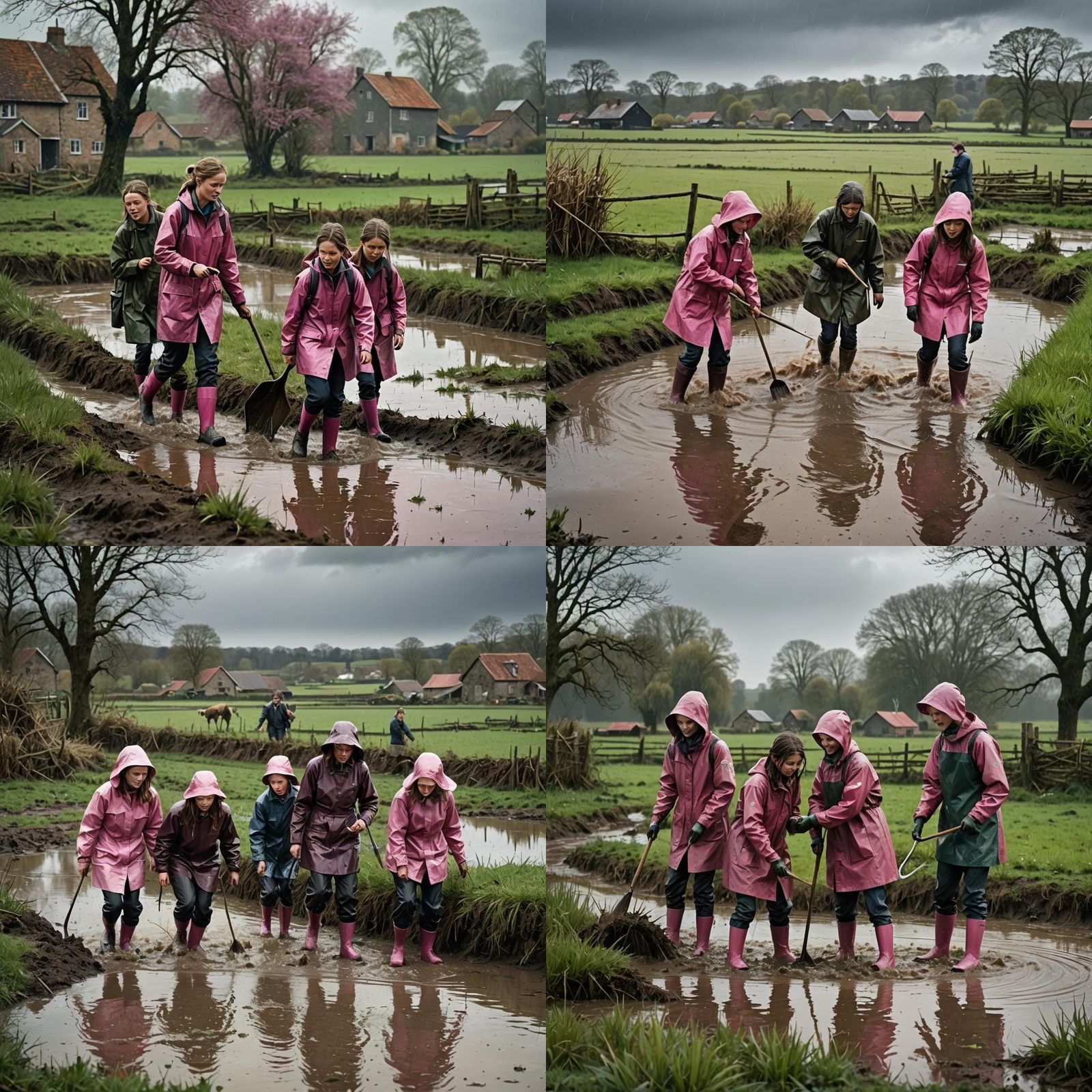 Flooded Farmland: Girls Battling Torrential Rain