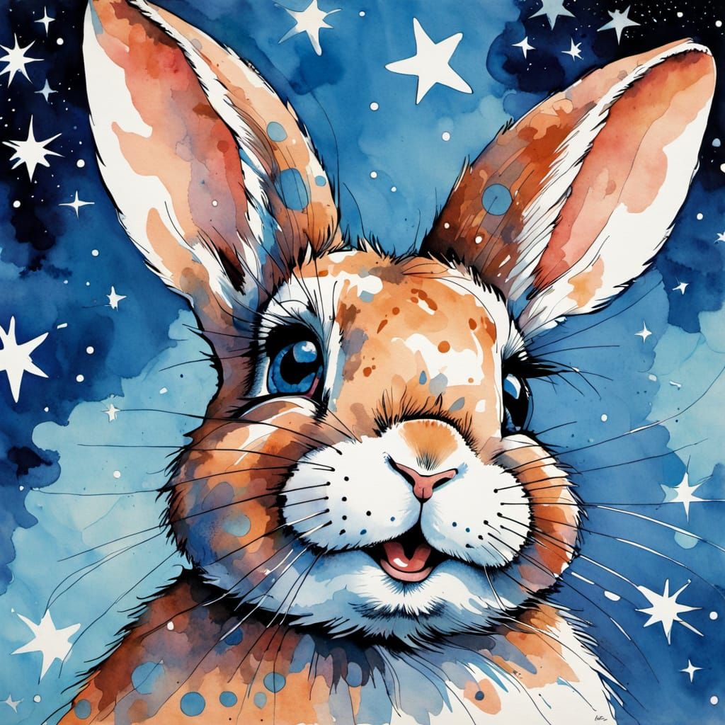 Joyful Bunny Gazing at Stars in Ink Drawing