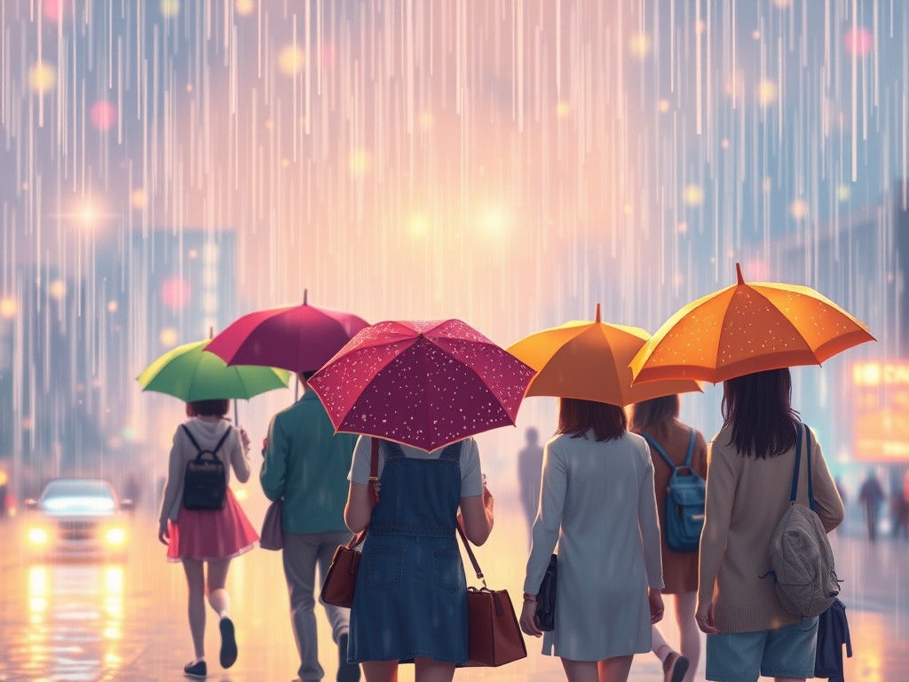 Luminous Raindrops Gently Illuminate People with Umbrellas