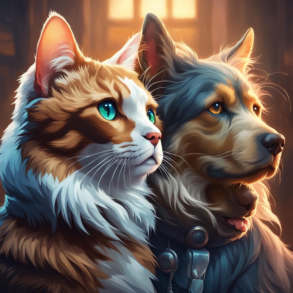 Dog and Cat Portrait in Hyperdetailed Style