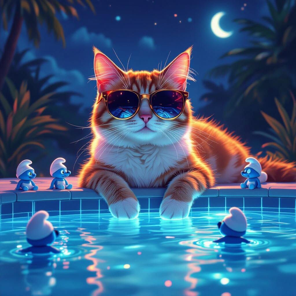 Cat Lounging with Smurfs in Dreamlike Scene