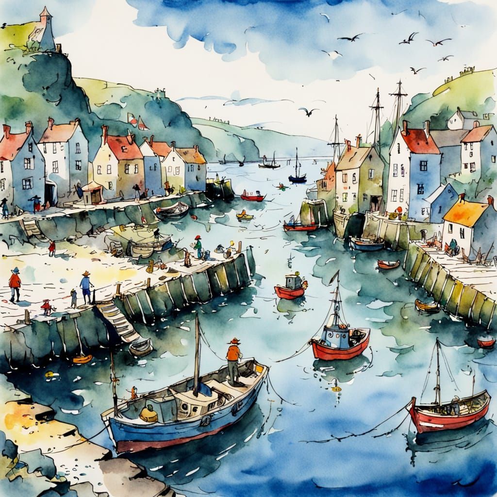Vintage Fishing Harbour in Watercolor Style