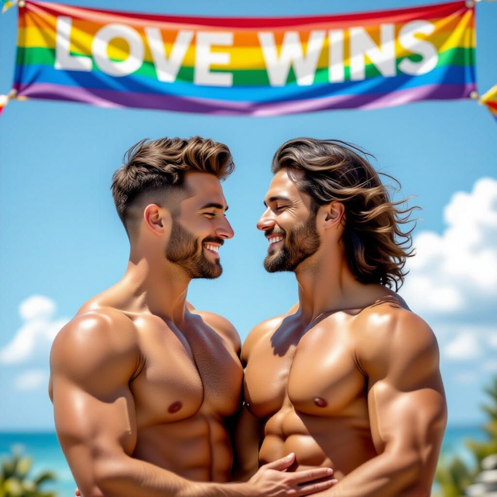 Joyful Gay Couple Embrace Under 'Love Wins' Banner