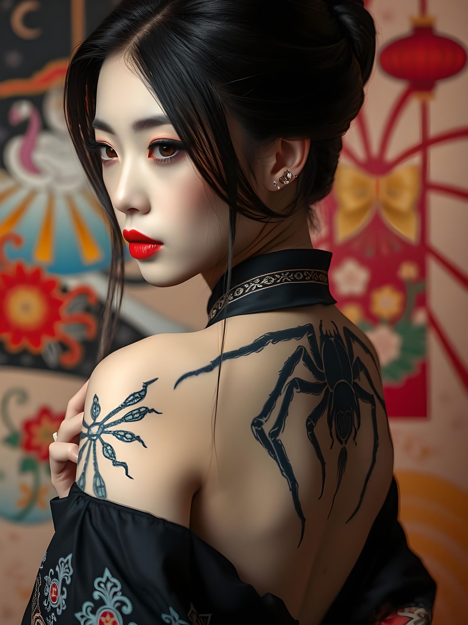 Japanese Woman with Spider Tattoo Portrait