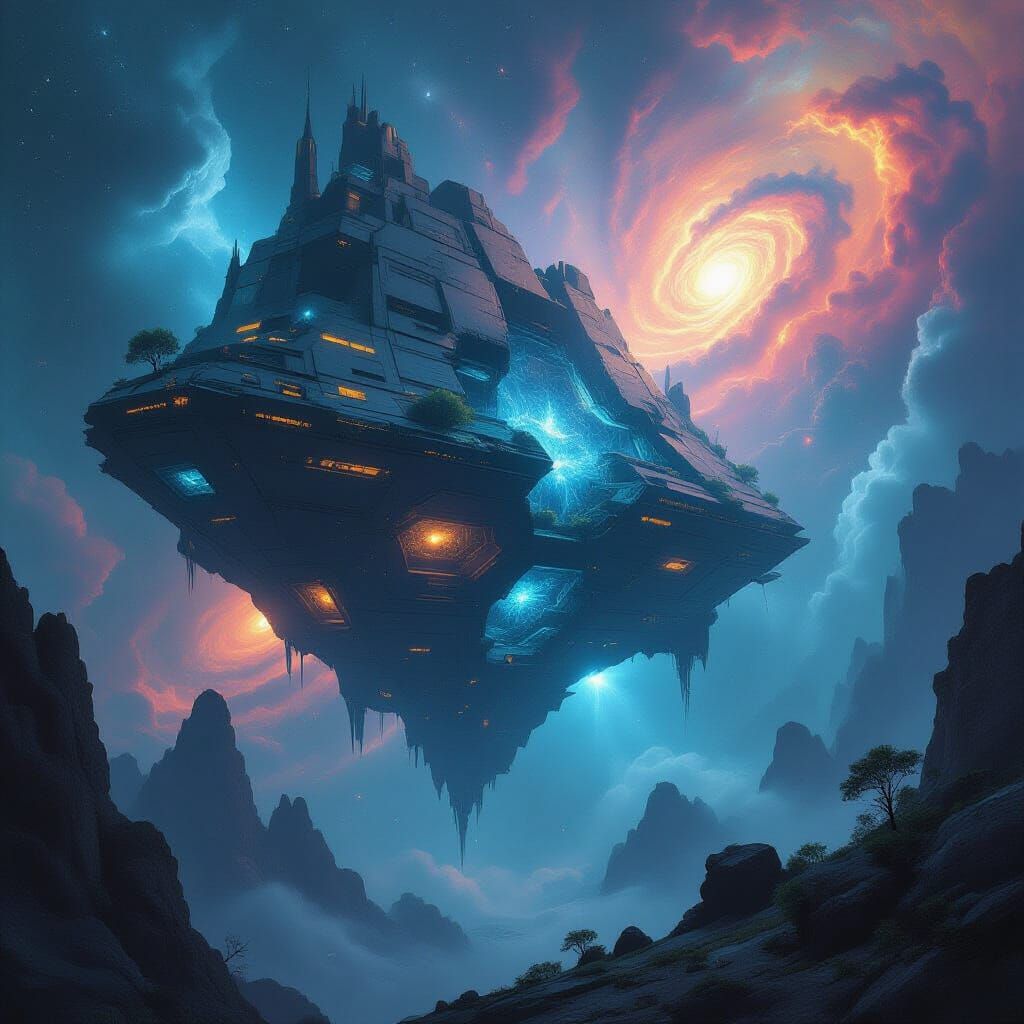 Ancient Fractured Planetoid Space Station with Bioluminescen...