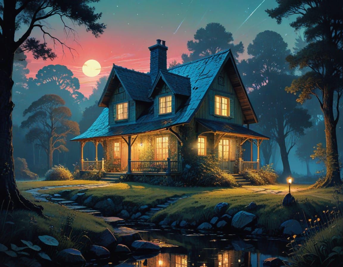 Retro Fantasy Cottage at Dusk: Dreamlike Digital Art