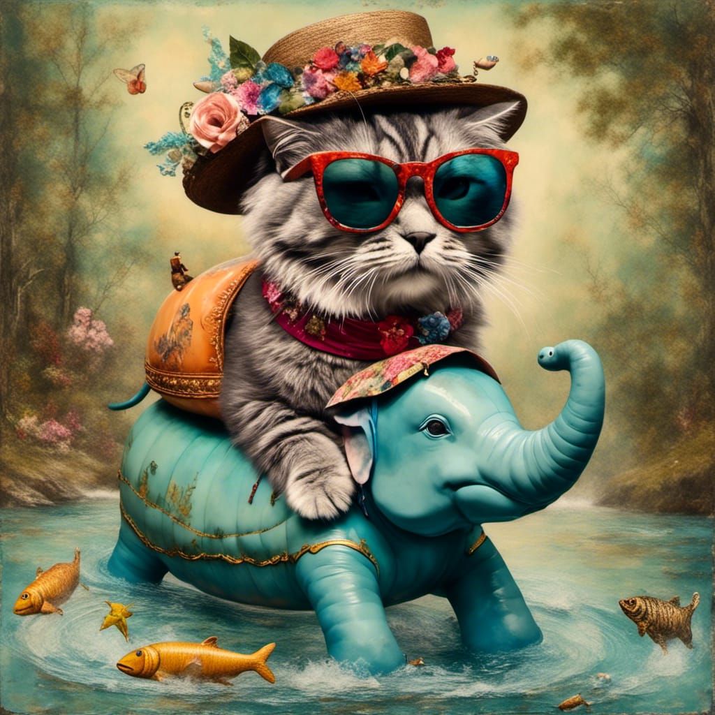 Cat on Elephant Float in Encaustic Collage