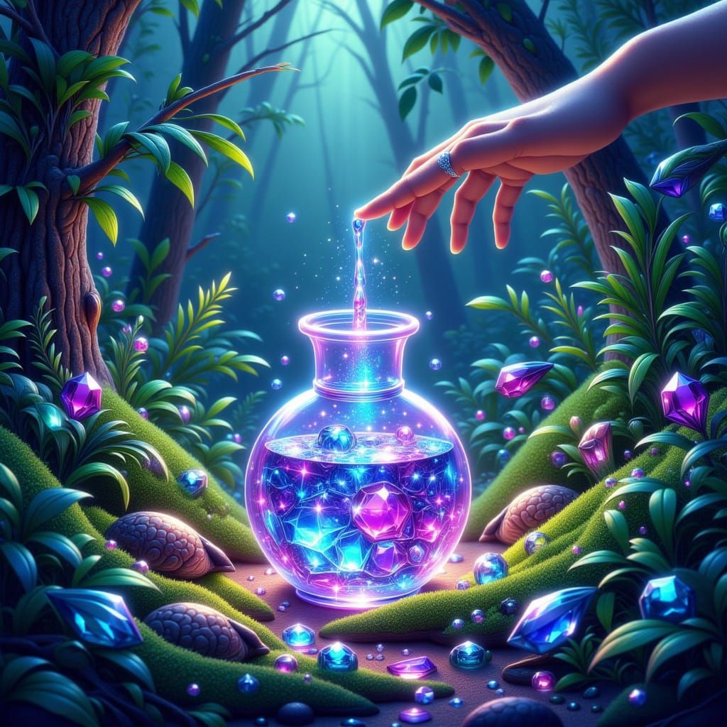 Magical Gemstone Potion Fuels Plant Growth in Ethereal Glow