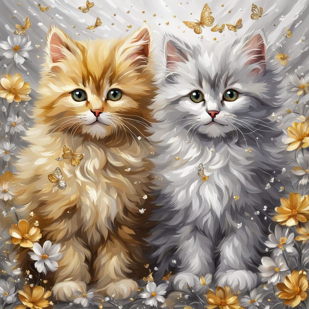 Two Adorable Gold and Silver Kittens with Butterflies