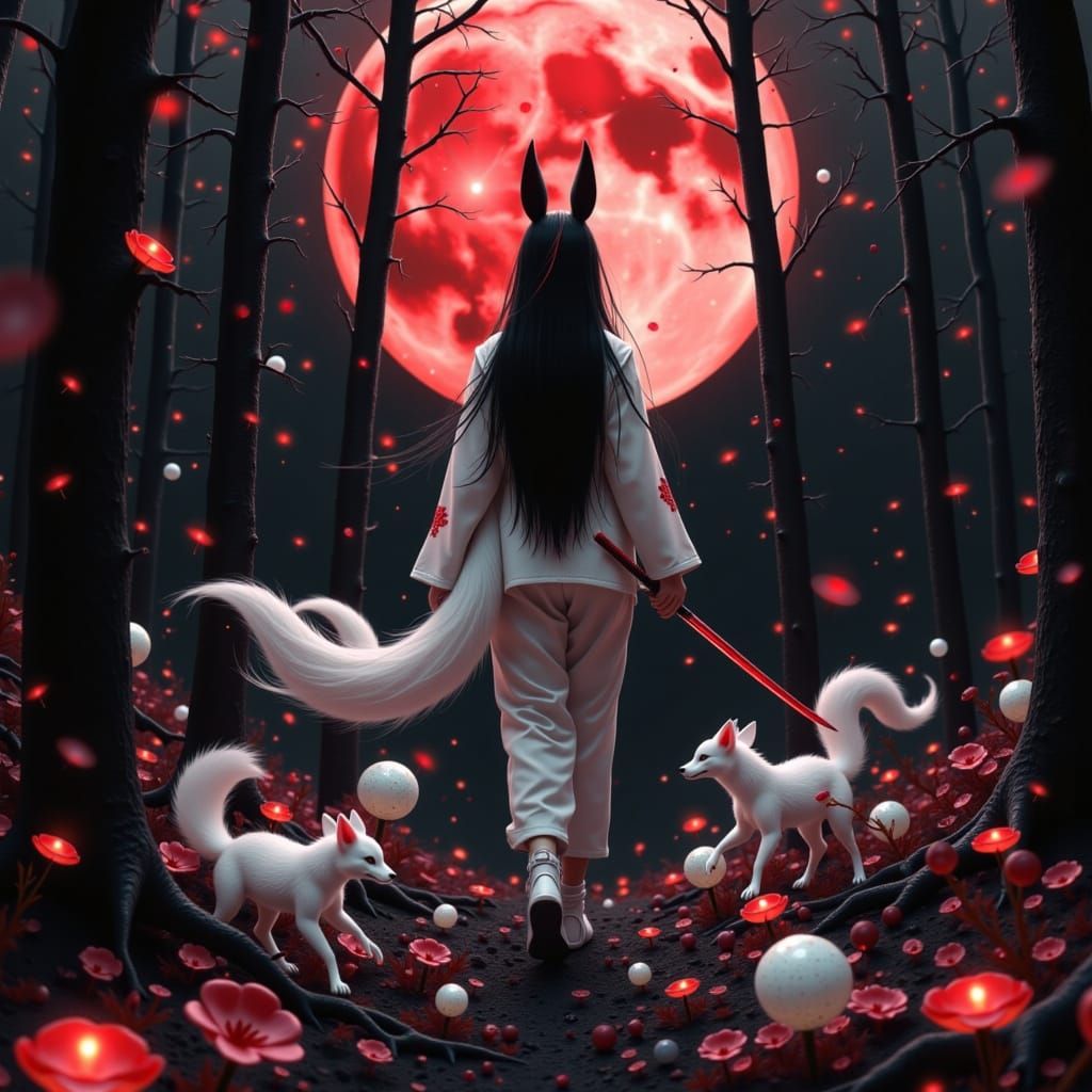 Mystical Kitsune in Cherry Blossom Forest