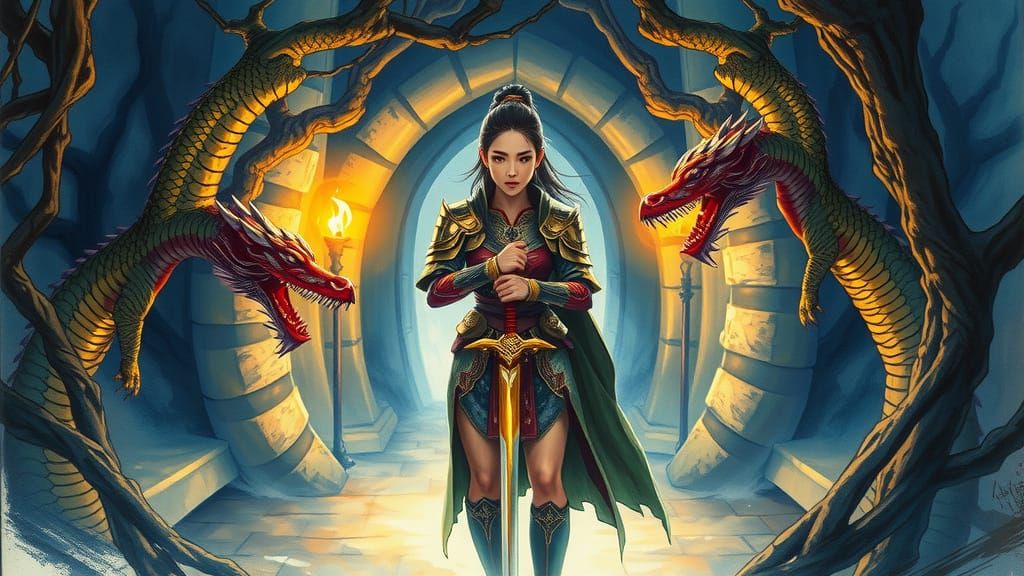 Mysterious Warrior in Ancient Corridor with Dragons