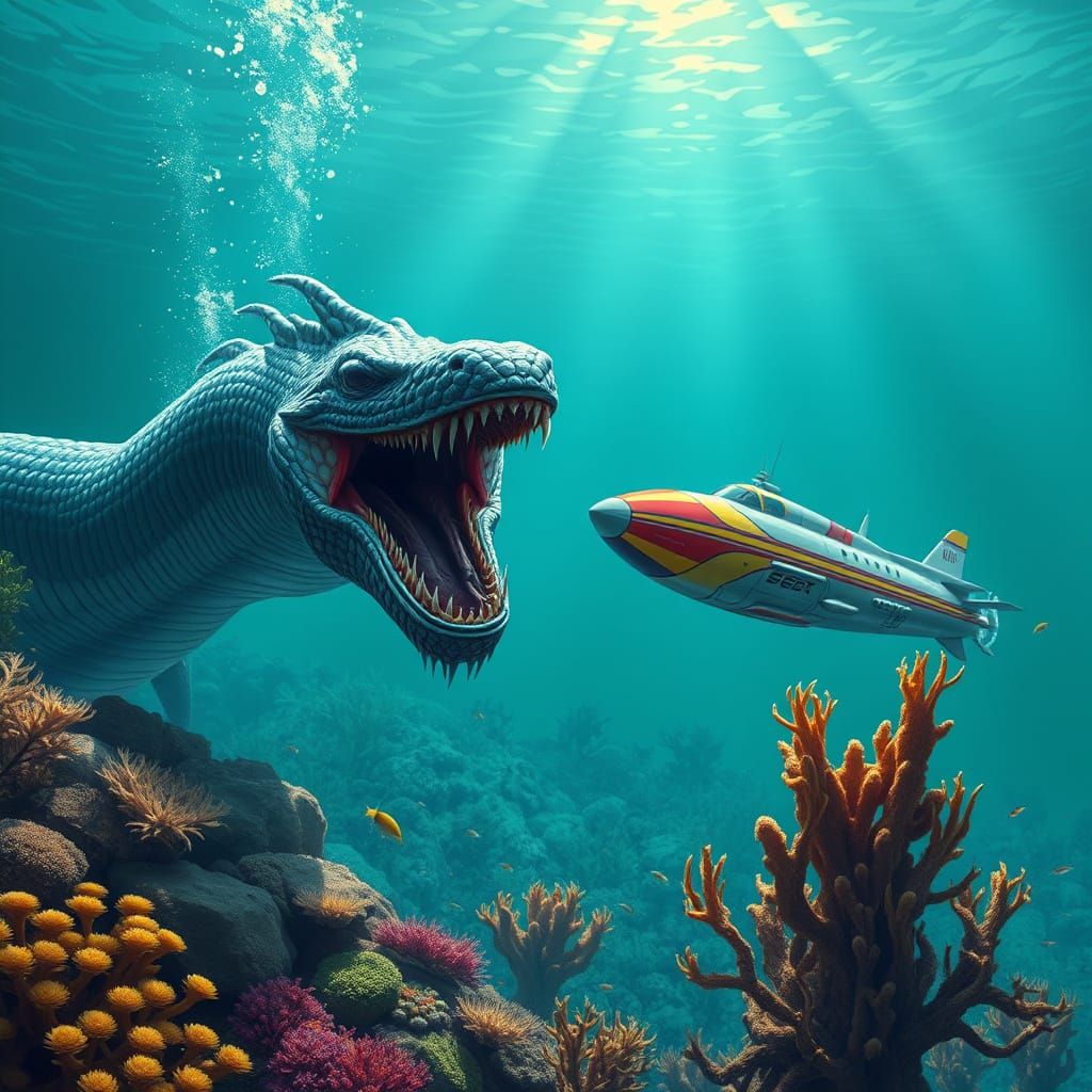 Sea Serpent Meets Futuristic Submarine in Vivid Underwater S...