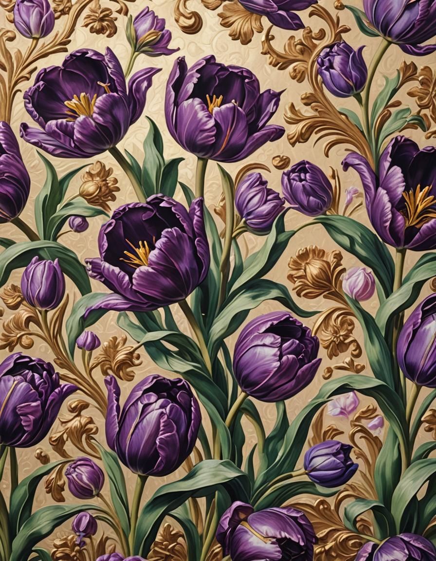 Baroque Still Life of Purple Tulips as Impasto Painting