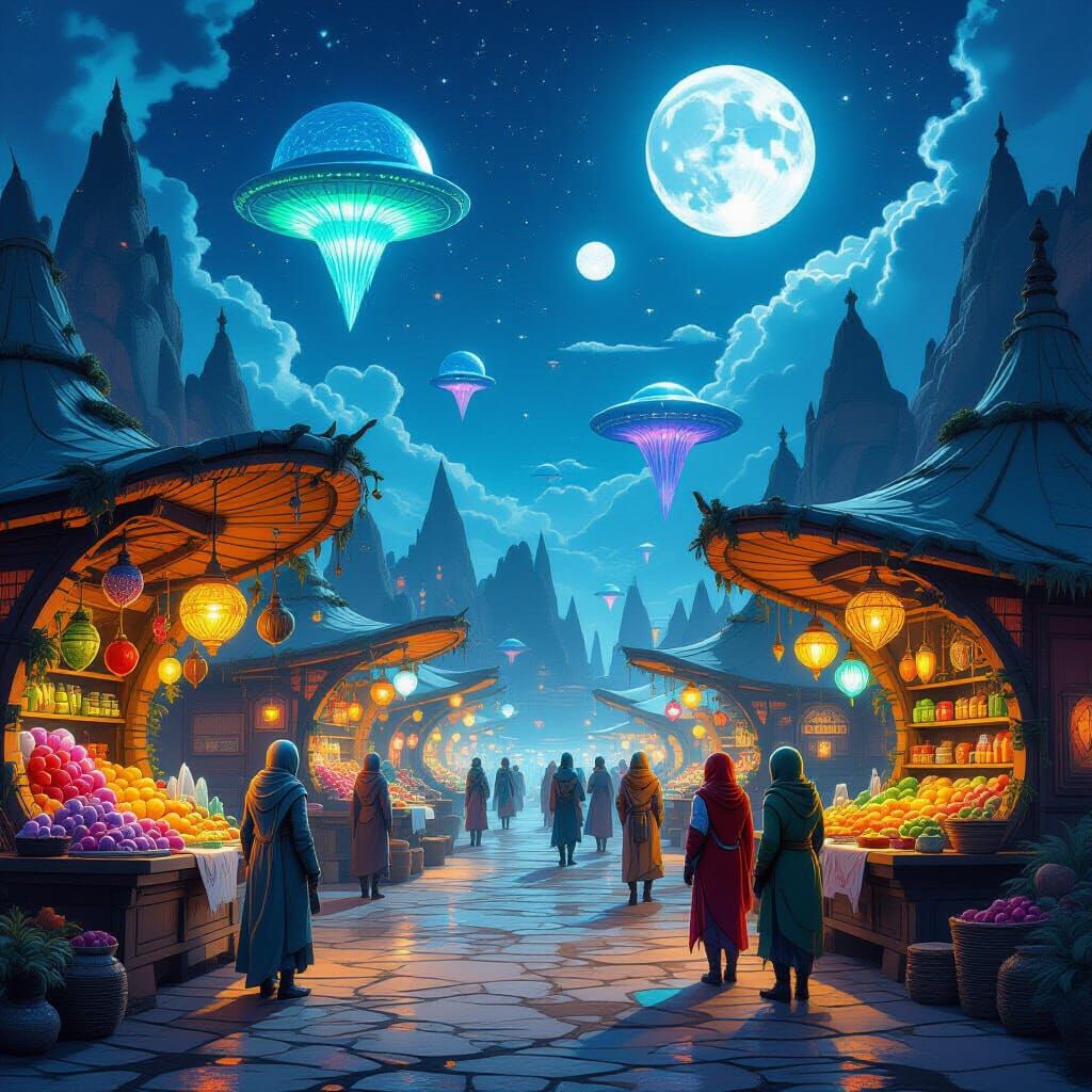 Alien Market with Bioluminescent Fungi, Cosmic Fantasy
